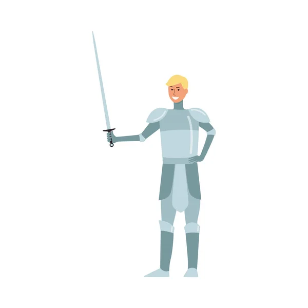 Medieval young man knight blond from a fairy tale smiles and stands in metal armor with a sword. — Stock Vector