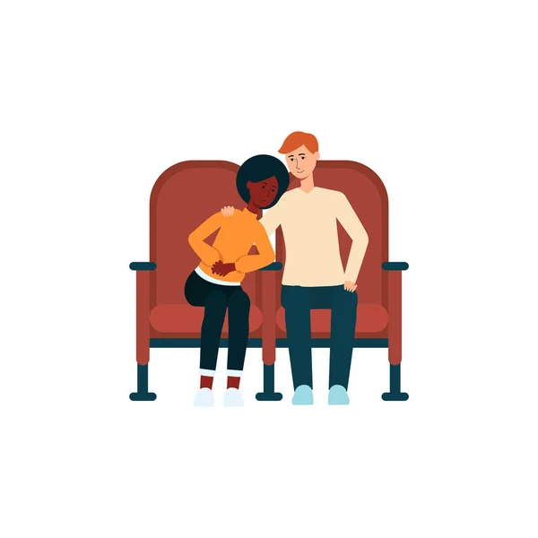 Couple assis au cinéma et câlin style dessin animé — Image vectorielle