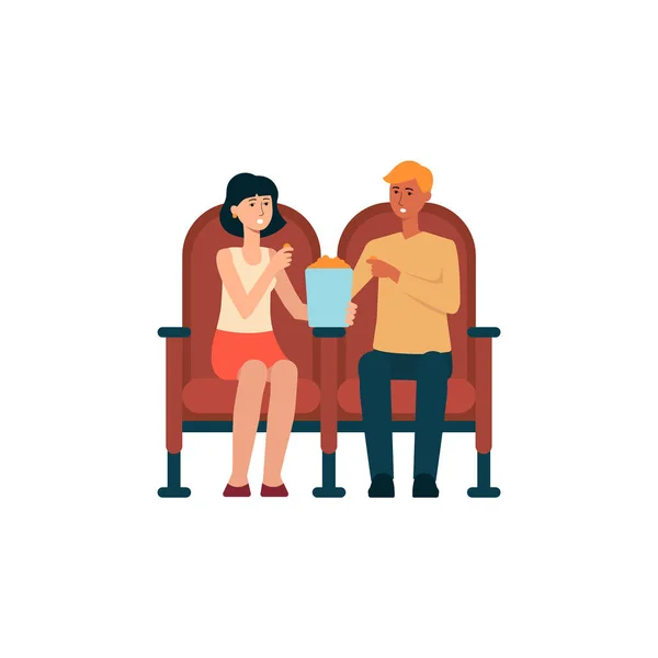 Couple assis au cinéma et manger style pop-corn dessin animé — Image vectorielle