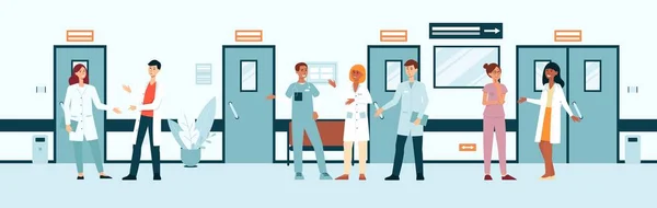 Ομάδα γιατρών και νοσηλευτών στο διάδρομο του νοσοκομείου, κινούμενα σχέδια ή επίπεδη στυλ — Διανυσματικό Αρχείο