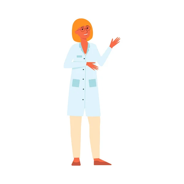 Medicinsk kvinnlig läkare stående och gestikulerande tecknad stil — Stock vektor