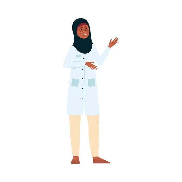 Γυναίκα γιατρός ή νοσοκόμα με ιατρική στολή και μουσουλμανική μαντίλα χαμογελά και κουνώντας — Διανυσματικό Αρχείο