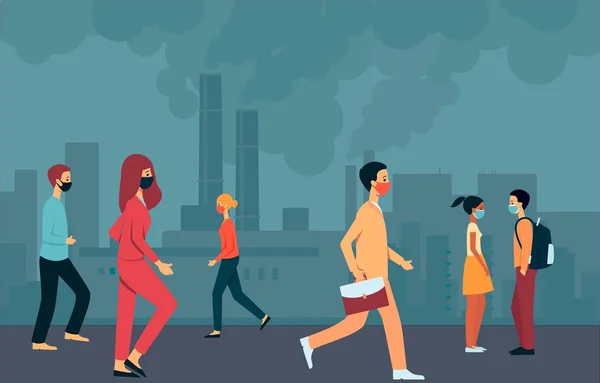 Люди в масках ходят по дымчатому городу с загрязнением воздуха и окружающей среды . — стоковый вектор