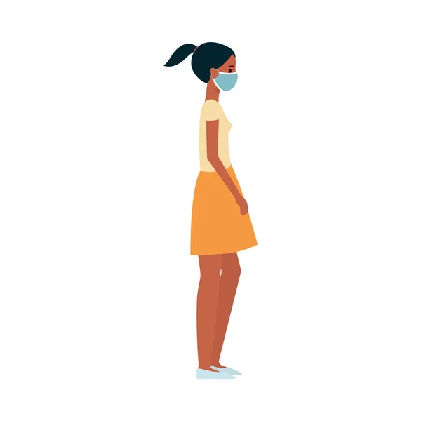 Mørkhudet ung kvinne eller jente i skjørt og skjorte i en medisinsk beskyttelsesmaske i ansiktet . – stockvektor