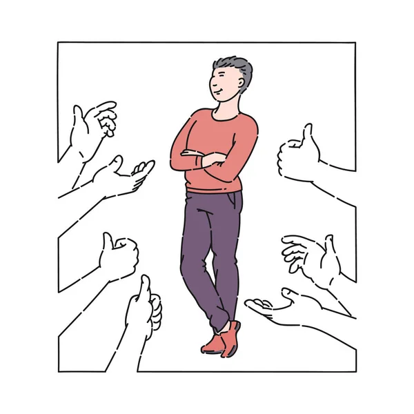 Un homme fièrement debout exprimant son approbation avec un geste de pouce levé . — Image vectorielle