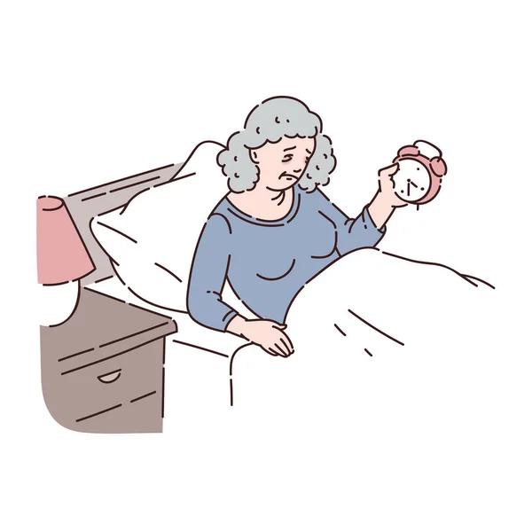 Κουρασμένη ηλικιωμένη γυναίκα βρίσκεται στο κρεβάτι και να κρατήσει ξυπνητήρι στο αργά το βράδυ σκίτσο στυλ — Διανυσματικό Αρχείο