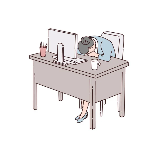 Mitarbeiterin, Büroangestellte oder Geschäftsfrau, die am Arbeitsplatz wegen Schlaflosigkeit schläft. — Stockvektor