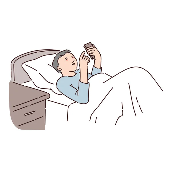 Ο άνθρωπος πάσχει από αϋπνία που βρίσκεται σε μια απεικόνιση του φορέα κρεβάτι απομονωμένη σε λευκό. — Διανυσματικό Αρχείο