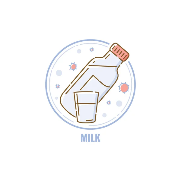 Botella y vaso de leche en círculo icono de estilo lineal plano — Vector de stock