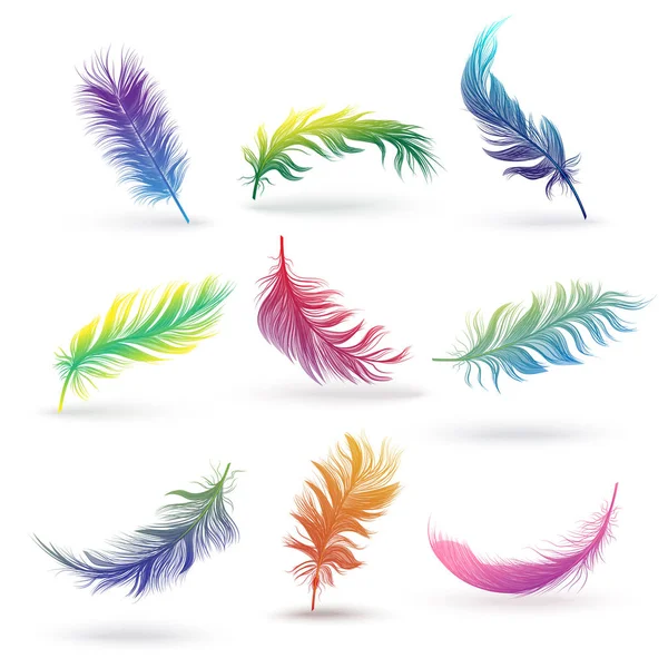 WebSet de plumas de aves aisladas, coloridas plumas esponjosas en gradientes de color arco iris — Vector de stock