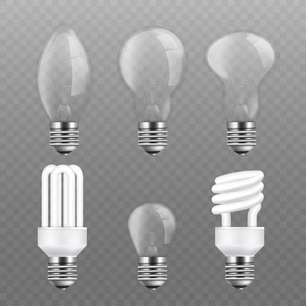 Juego de bombillas realista - colección de bombillas de energía eléctrica en varios tipos . — Archivo Imágenes Vectoriales
