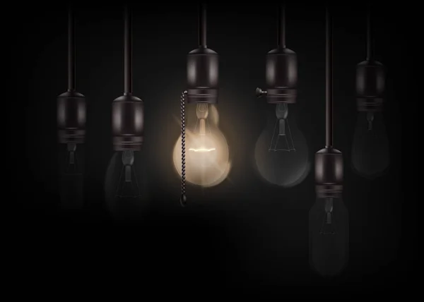 光る電球は、現実的なスタイルをオフにしたものの多くの間にぶら下がっています — ストックベクタ