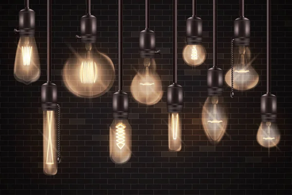 Набор 3d различных форм светящиеся лампочки висит на проводах реалистичный стиль — стоковый вектор