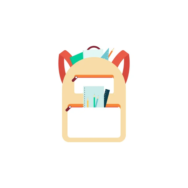 Yellow school bag with sticking out stationery and supplies flat cartoon style — 스톡 벡터