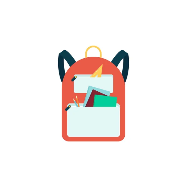 Mochila laranja com material escolar, saco de estudante de desenhos animados com bolsos frontais abertos — Vetor de Stock