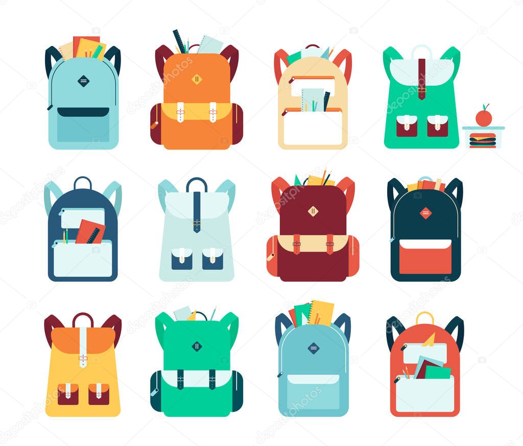 Set of backpacks or schoolbags flat style vector illustration isolated on white.