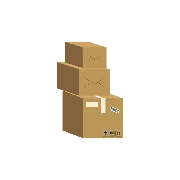 Tre scatole di cartone marrone impilati l'uno sull'altro stile cartone animato — Vettoriale Stock