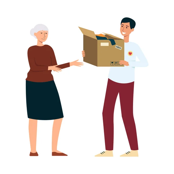 ボランティアの男性は、老婦人の漫画スタイルに服を着た寄付箱を与えるスタンド — ストックベクタ