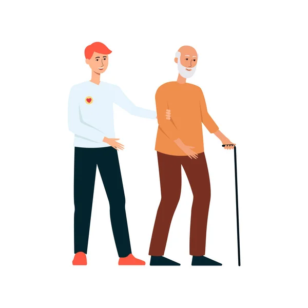 Wolontariusz pomaga niepełnosprawnym mężczyzna podeszłym wieku płaski wektor na białym tle. — Wektor stockowy