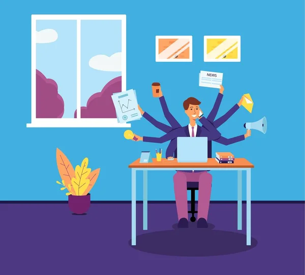 Multitasking business man or manager with several hands flat vector illustration. — Stock Vector