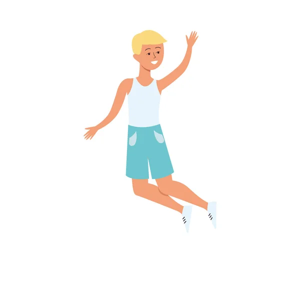 Lindo niño sonriente saltando ilustración vector plano aislado sobre fondo blanco . — Vector de stock