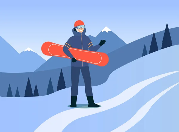 Man i skid dräkt och glasögon står utomhus innehar snowboard tecknad stil — Stock vektor