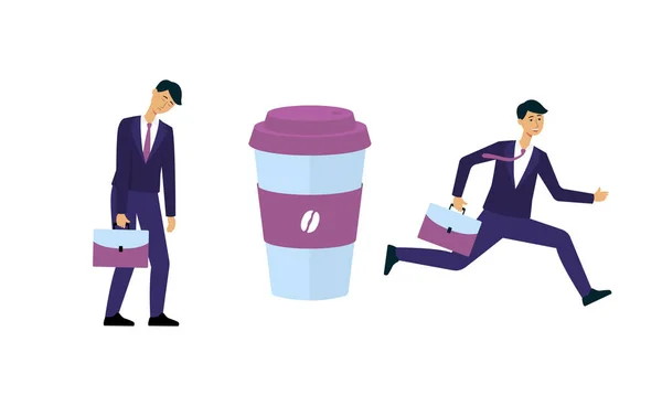 Üzleti ember előtt és után csésze kávét — Stock Vector