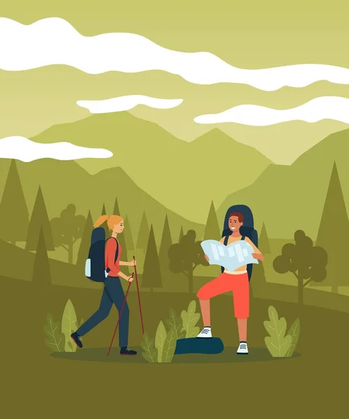 Couple hiking with backpacks and sticks and looking at map cartoon style