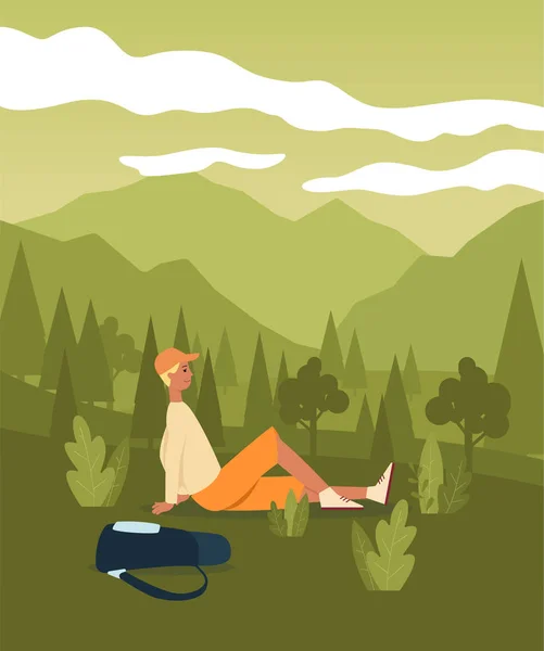 Homme en chapeau assis sur la colline dans l'herbe verte avec sac couché style dessin animé à proximité — Image vectorielle