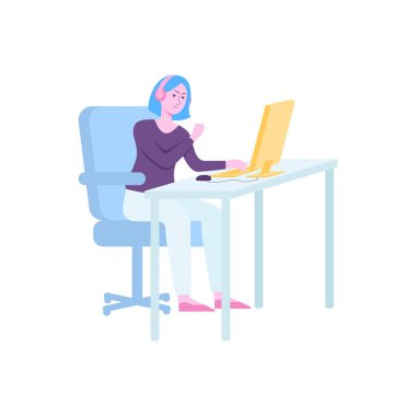 Bilgisayarda video oyunu oynayan kızgın kız, kulaklıkile el çizilmiş kadın çizgi film karakteri oyuncu masa başında oturan ve ekranda yumruk sallayarak