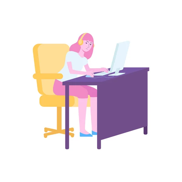 Gamer menina jogando no computador, jovem personagem de desenho animado do sexo feminino sentado na mesa com fones de ouvido e olhando para a tela — Vetor de Stock