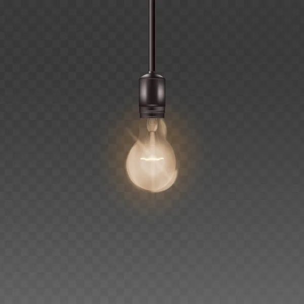 Bombilla de lámpara de techo con luz cálida brillante, bombilla de vidrio realista estilo loft con electricidad y alambre brillante — Vector de stock