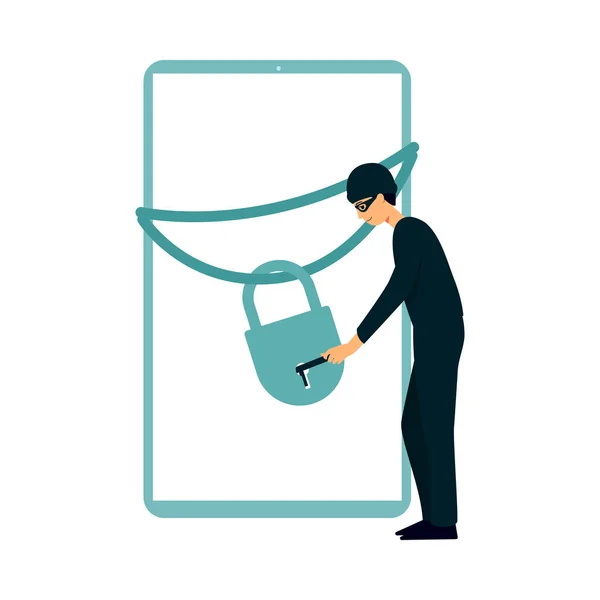 Hacker opens the lock on the gadget screen flat vector illustration isolated. — Stock Vector