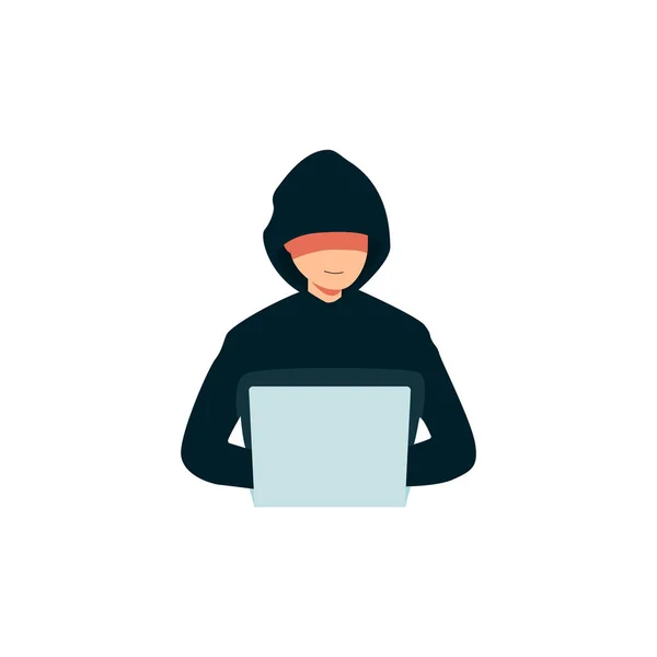 Hacker usando um ícone de laptop, homem criminoso com capuz invadindo a segurança dos computadores —  Vetores de Stock
