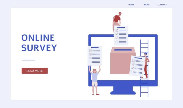 Online Survey banner-kundfeedback och checklista papper som samlats in av seriefigurer i en låda inuti datorskärmen — Stock vektor