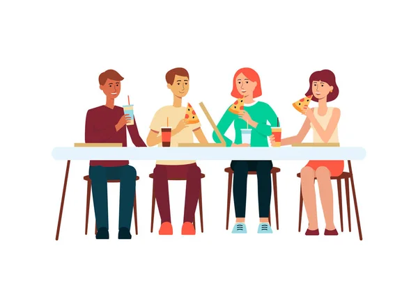 Group of people eating pizza at restaurant flat vector illustration isolated. — Stock Vector