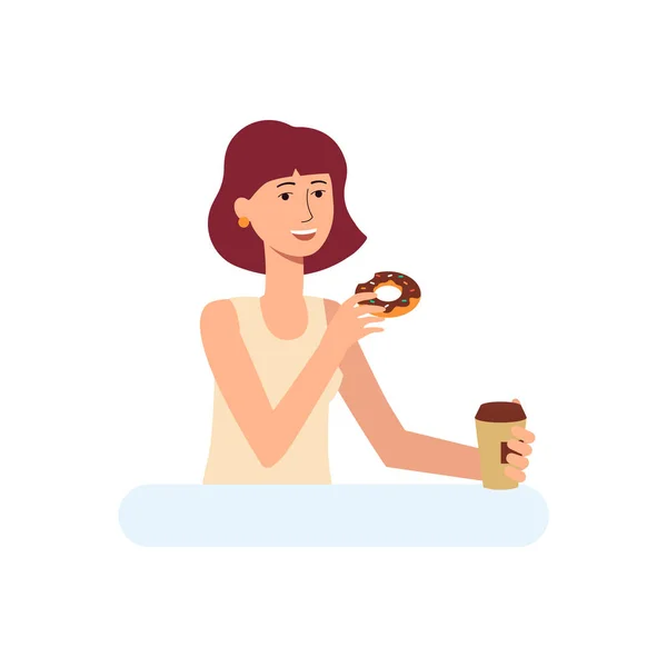 Jovem mulher comer comida saudável lanche plana desenho animado vetor ilustração isolado . — Vetor de Stock