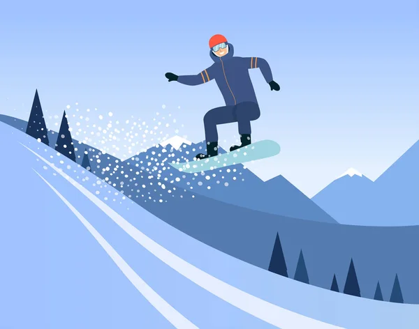 Dessin animé sur un snowboard, snowboarder faisant un saut en hauteur en plein air sur une pente de neige — Image vectorielle