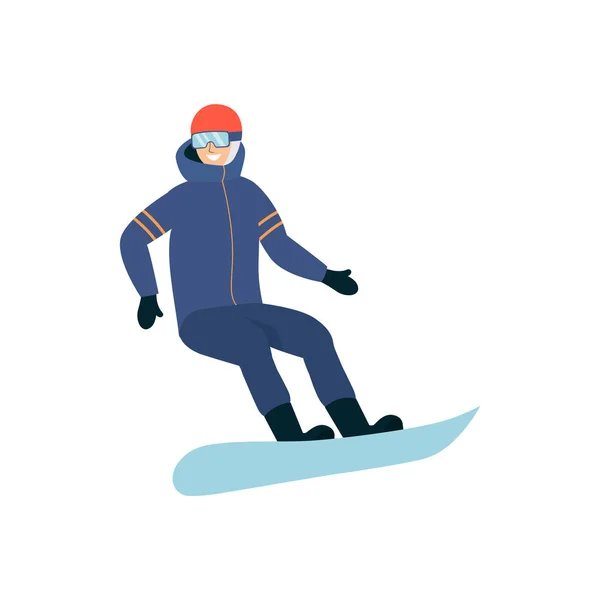 Muž na snowboardistu v sporovém obleku plochý vektorový obrázek izolovaný na bílém. — Stockový vektor