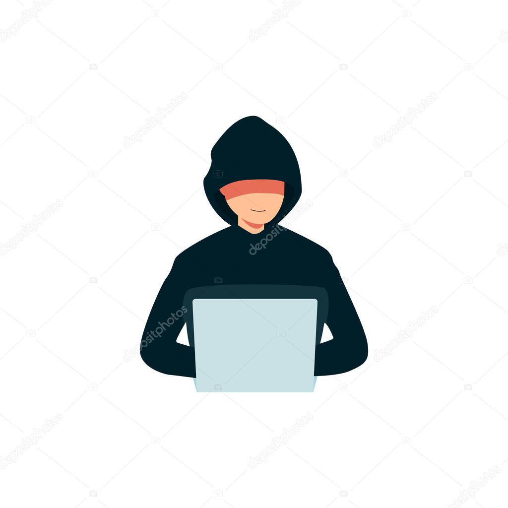 Hacker using a laptop icon, criminal man in a hoodie breaking into computers security