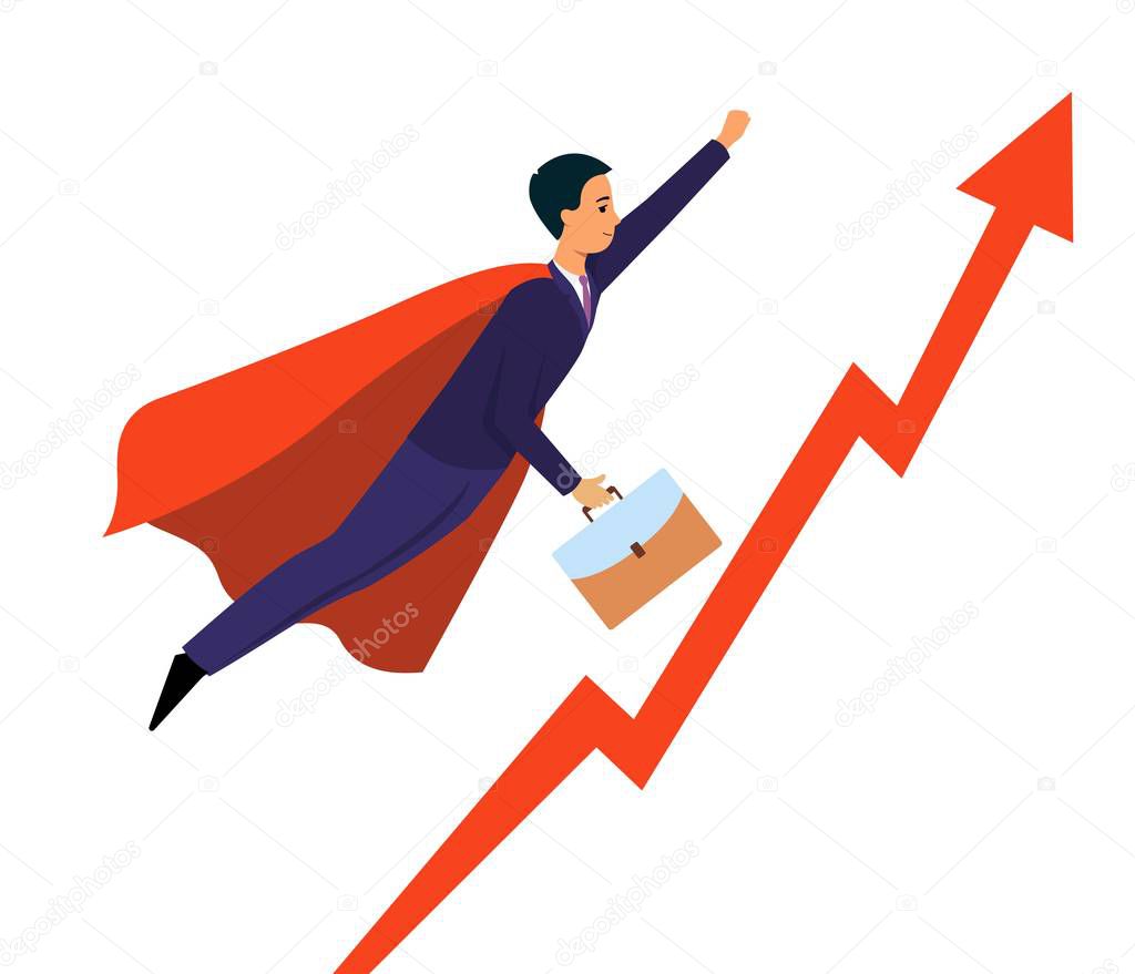 Businessman flying over pointing up arrow as a superhero flat vector illustration.