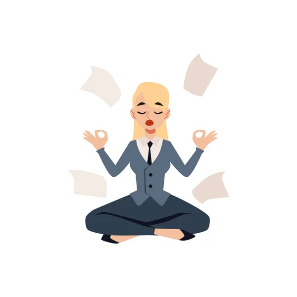 Donna d'affari seduta in posa loto yoga circondato da carte stile cartone animato — Vettoriale Stock