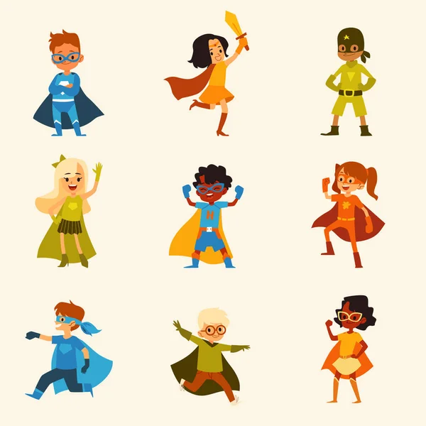 Uppsättning av barn karaktärer i färgglada superhjälte kostymer tecknad stil — Stock vektor