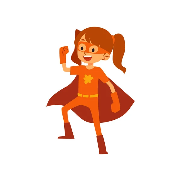 Kid flicka i orange superhjälte kostym stående upp en arm tecknad stil — Stock vektor