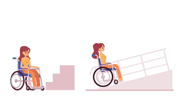 Mujer en silla de ruedas en las escaleras y acceso discapacitado rampa plana vector ilustración . — Vector de stock