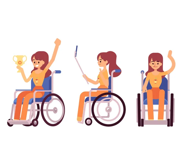 Femme heureuse en fauteuil roulant - dessin animé personne handicapée souriante et gagnante malgré handicap — Image vectorielle