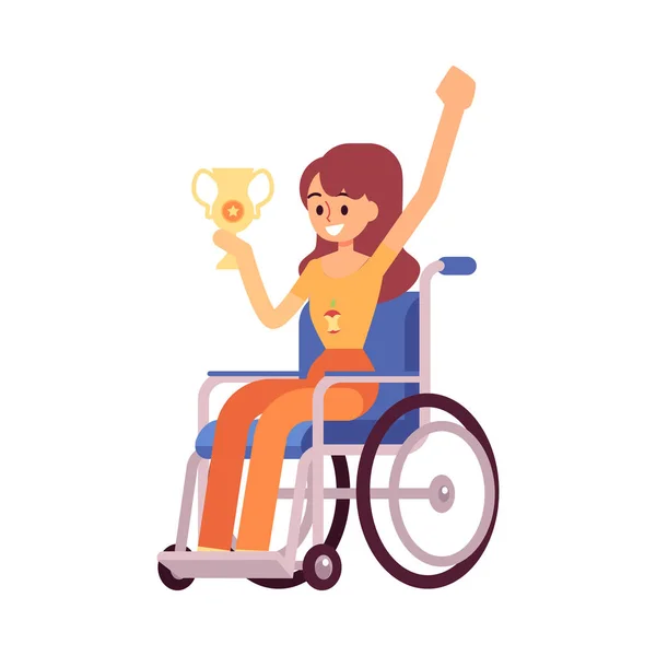 Femme handicapée en fauteuil roulant avec coupe prix illustration vectorielle plate isolé . — Image vectorielle
