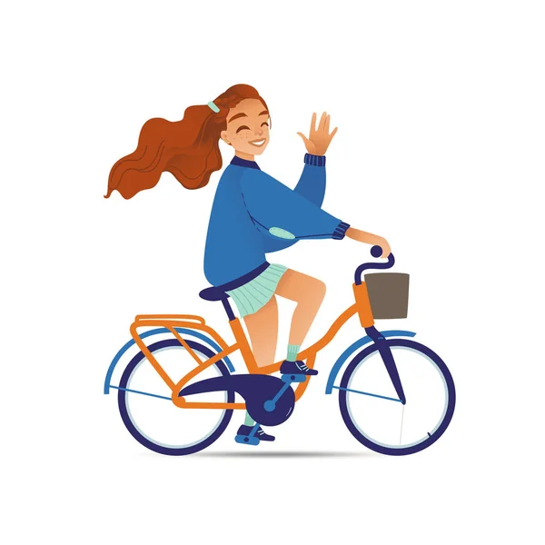Girl or woman rides on a bicycle or bike flat cartoon vector illustration isolated. — Stock Vector