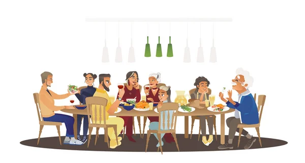 Groot familie diner rond tafel met eten, veel mensen eten een maaltijd en praten samen — Stockvector