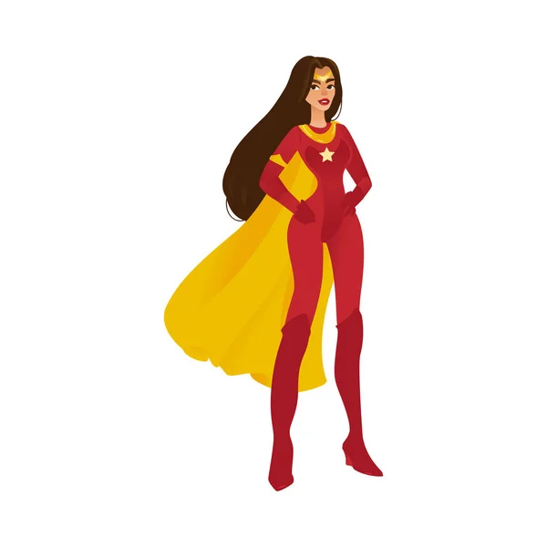 Kvinnlig superhjälte med långt hår och flygande kappa stående i en röd kostym. — Stock vektor